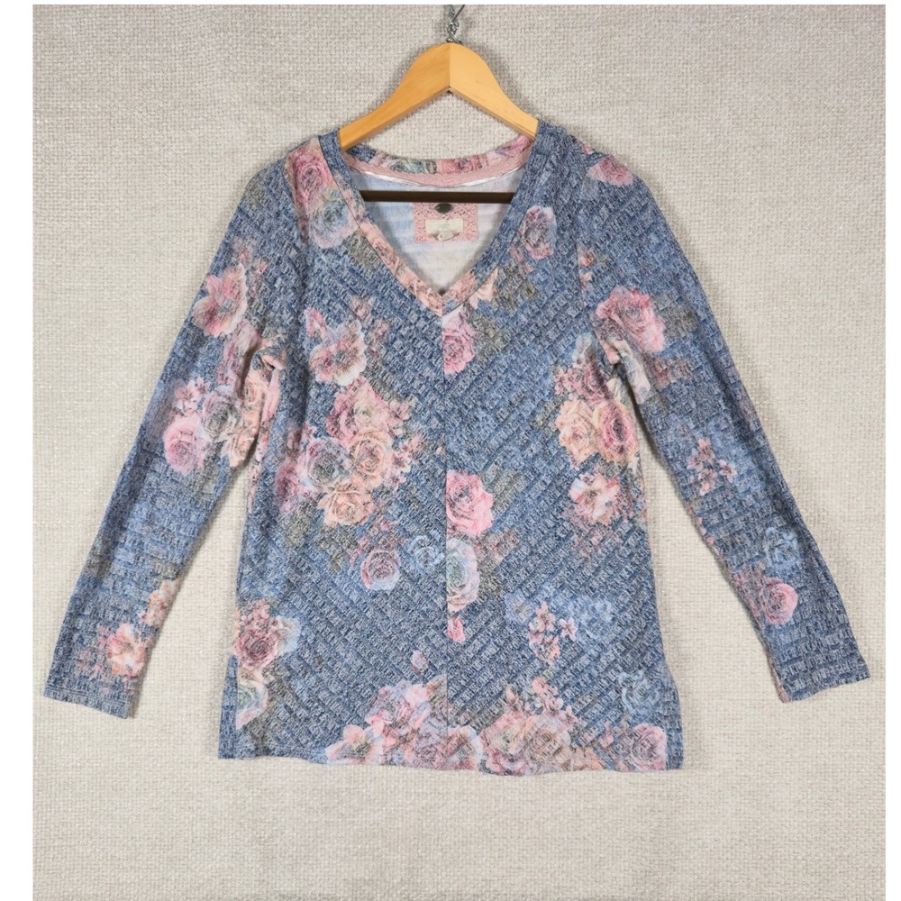 Cupio Womens V-Neck Long Sleeve Floral Knit Top Blue Pink‎ Size M